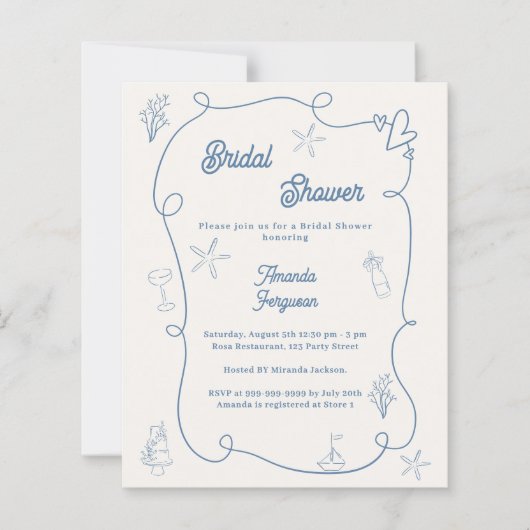 Hand drawn coastal blue Bridal Shower invitation (正面)