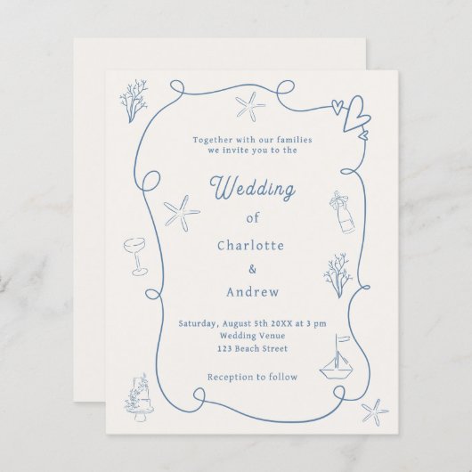 Hand drawn coastal blue ivory wedding invitation (正面/裏面)