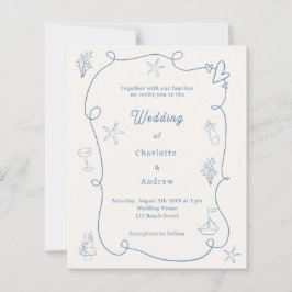 Hand drawn coastal blue ivory wedding invitation
