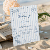 Hand Drawn Coastal Dusty Blue Beach Wedding 招待状
