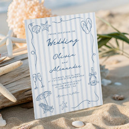 Hand Drawn Coastal Dusty Blue Beach Wedding 招待状