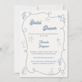 Hand drawn coastal dusty blue ivory Bridal Shower 招待状