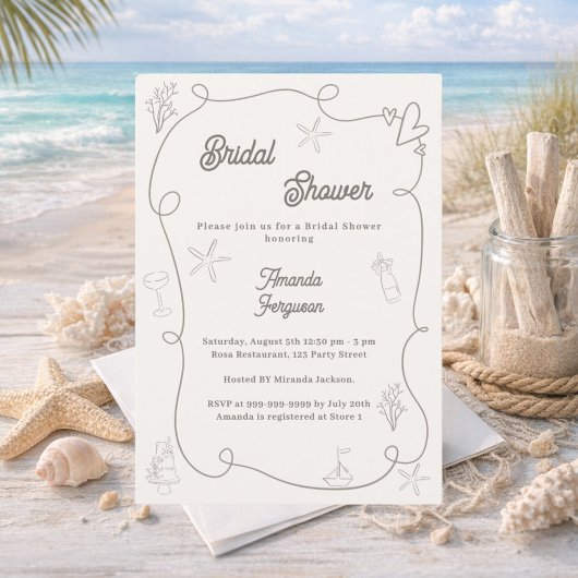 Hand drawn coastal ivory taupe sand Bridal Shower 招待状