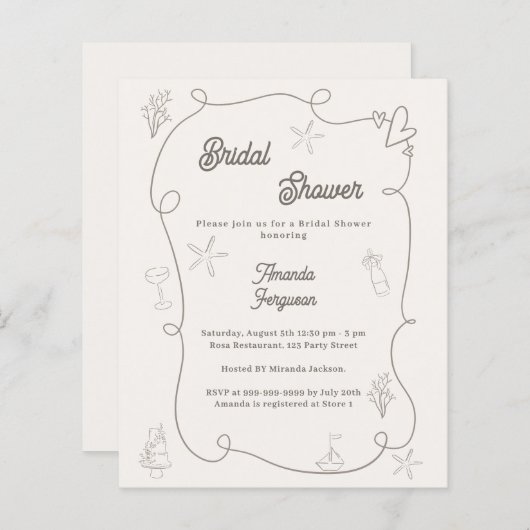 Hand drawn coastal sand Bridal Shower invitation (正面/裏面)