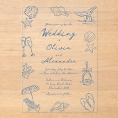 Hand Drawn Coastal Whimsical Doodle Beach Wedding アクリル招待状 (正面)