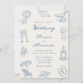 Hand Drawn Coastal Whimsical Doodle Beach Wedding 招待状 (正面)
