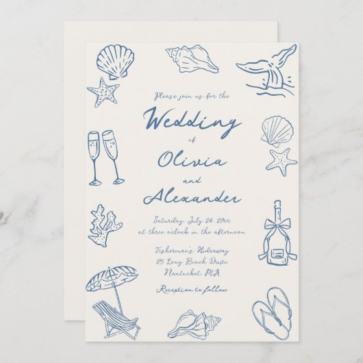 Hand Drawn Coastal Whimsical Doodle Beach Wedding 招待状 (正面/裏面)