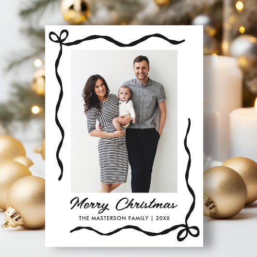 Hand Drawn Coquette Bow 2 Photo Merry Christmas  シーズンカード