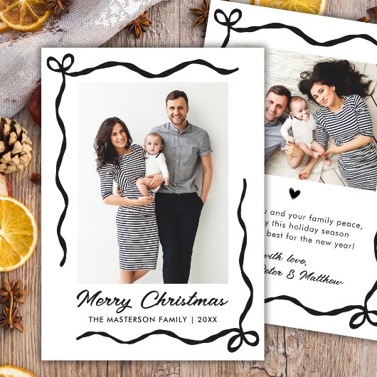 Hand Drawn Coquette Bow 2 Photo Merry Christmas  シーズンカード