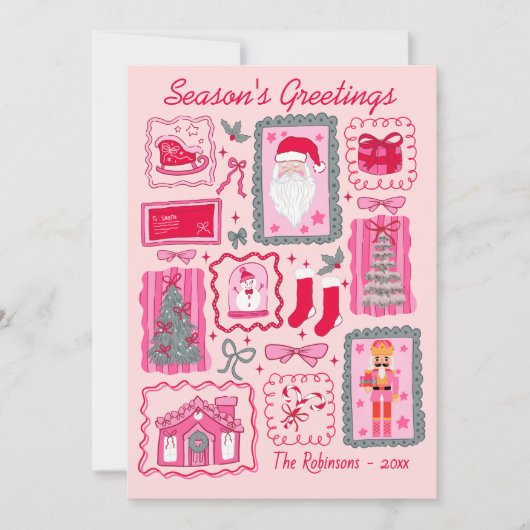 Hand Drawn coquette doodle pink christmas greeting カード (正面)