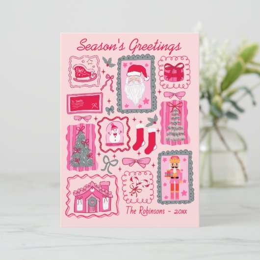 Hand Drawn coquette doodle pink christmas greeting カード (スタンド正面)