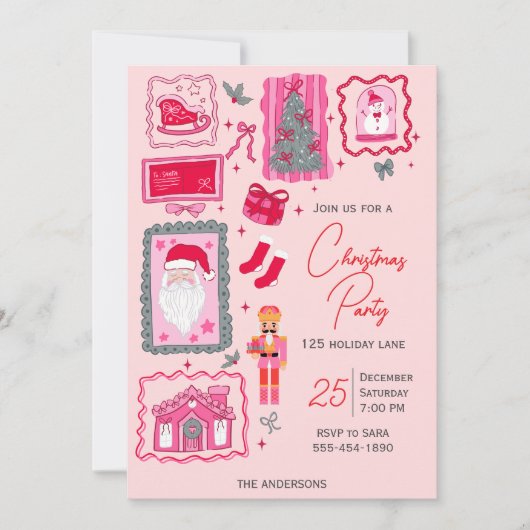 Hand Drawn coquette doodle pink christmas party 招待状 (正面)