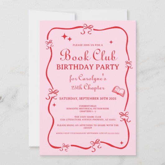 Hand Drawn Coquette Pink Red Book Club Invitation 招待状 (正面)
