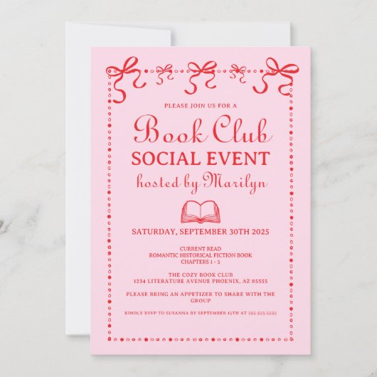 Hand Drawn Coquette Pink Red Book Club Invitation 招待状 (正面)