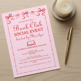 Hand Drawn Coquette Pink Red Book Club Invitation 招待状