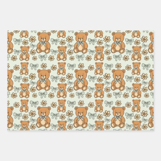 Hand-Drawn Coquette Teddy Bears Seamless Pattern ラッピングペーパーシート (正面)