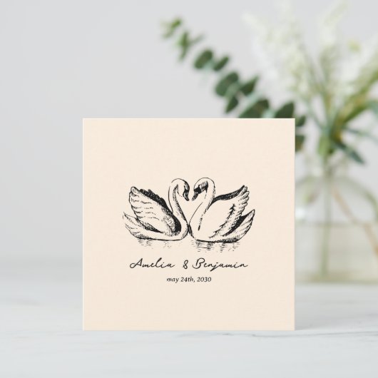 hand drawn Couple Swan Whimsical Wedding 招待状 (スタンド正面)
