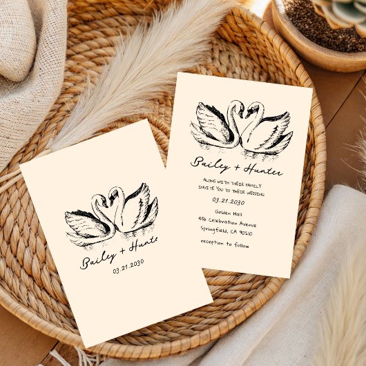 hand drawn  Couple Swan Whimsical Wedding 招待状
