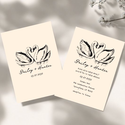 hand drawn  Couple Swan Whimsical Wedding 招待状