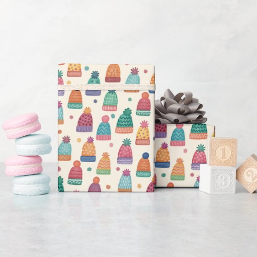 Hand Drawn Cozy Winter Hats Wrapping Paper Roll ラッピングペーパー (ベビーシャワー)