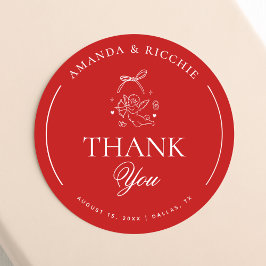 Hand Drawn Cupid Cherub Red Wedding Thank You ラウンドシール