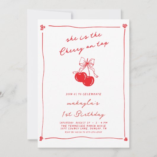 Hand Drawn Cute Cherry On Top Red 1st Birthday 招待状 (正面)
