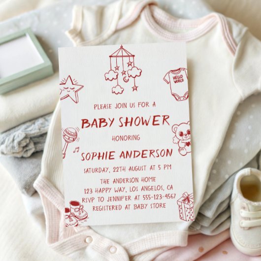 Hand Drawn Cute Red Doodle Baby Shower 招待状