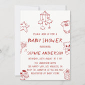 Hand Drawn Cute Red Doodle Baby Shower 招待状 (正面)