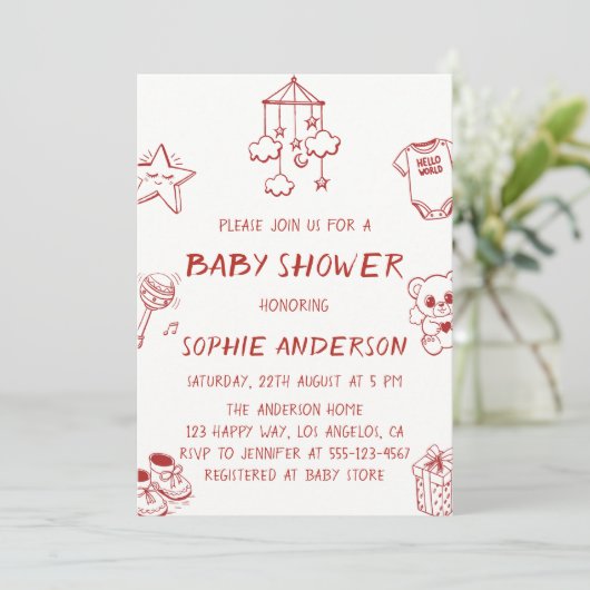 Hand Drawn Cute Red Doodle Baby Shower 招待状 (スタンド正面)