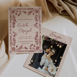 Hand Drawn Deep Red Floral Garden Photo Wedding セーブザデート