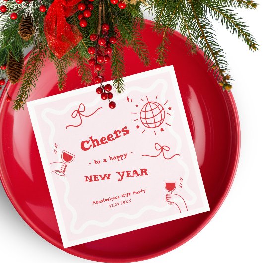 Hand Drawn Disco Pink and Red New Year's Eve Party スタンダードカクテルナプキン