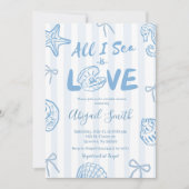 Hand Drawn Doodle Blue All I sea is love bridal 招待状 (正面)