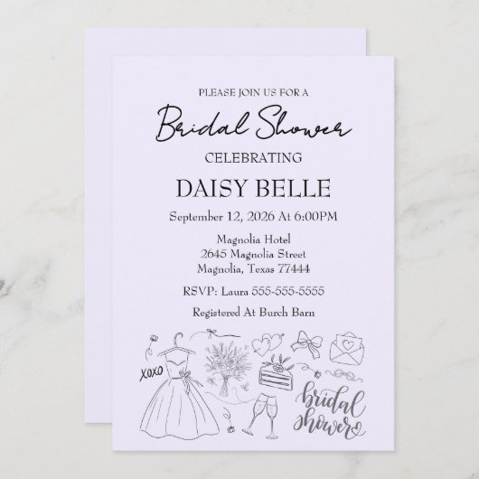 Hand Drawn Doodle Bridal Shower 招待状 (正面/裏面)