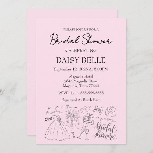 Hand Drawn Doodle Bridal Shower Pink 招待状 (正面/裏面)