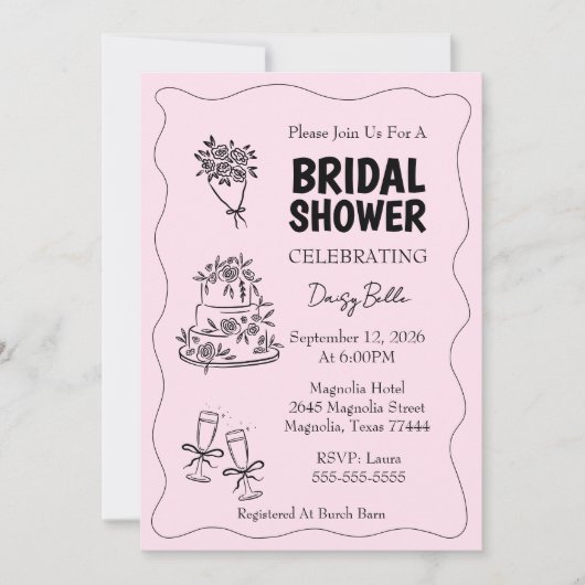 Hand Drawn Doodle Bridal Shower Pink 招待状 (正面)