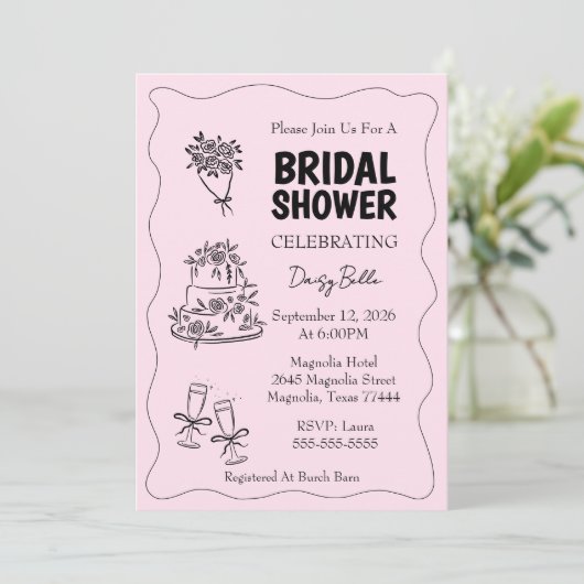 Hand Drawn Doodle Bridal Shower Pink 招待状 (スタンド正面)
