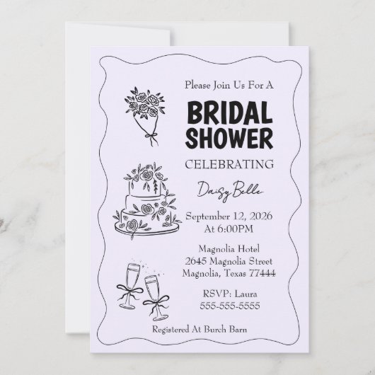 Hand Drawn Doodle Bridal Shower Purple 招待状 (正面)
