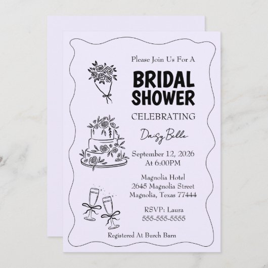 Hand Drawn Doodle Bridal Shower Purple 招待状 (正面/裏面)
