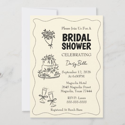 Hand Drawn Doodle Bridal Shower Yellow 招待状 (正面)