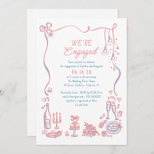 Hand Drawn Doodle Funky Whimsical Engagement Party 招待状 (正面/裏面)