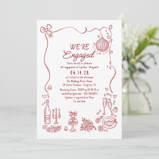 Hand Drawn Doodle Funky Whimsical Engagement Party 招待状 (スタンド正面)
