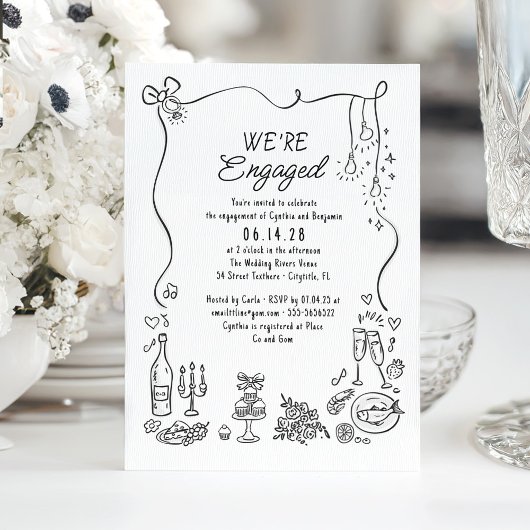 Hand Drawn Doodle Funky Whimsical Engagement Party 招待状