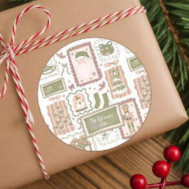 Hand Drawn doodle green peach christmas ラウンドシール