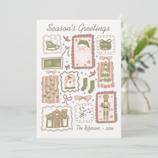 Hand Drawn doodle green peach christmas greeting カード (スタンド正面)