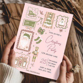 Hand Drawn doodle green peach christmas party 招待状