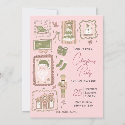 Hand Drawn doodle green peach christmas party 招待状 (正面)