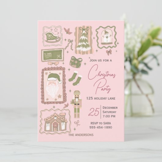 Hand Drawn doodle green peach christmas party 招待状 (スタンド正面)