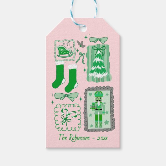 Hand Drawn doodle green pink christmas ギフトタグ (正面)