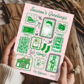 Hand Drawn doodle green pink christmas greeting カード