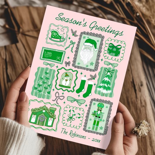 Hand Drawn doodle green pink christmas greeting カード